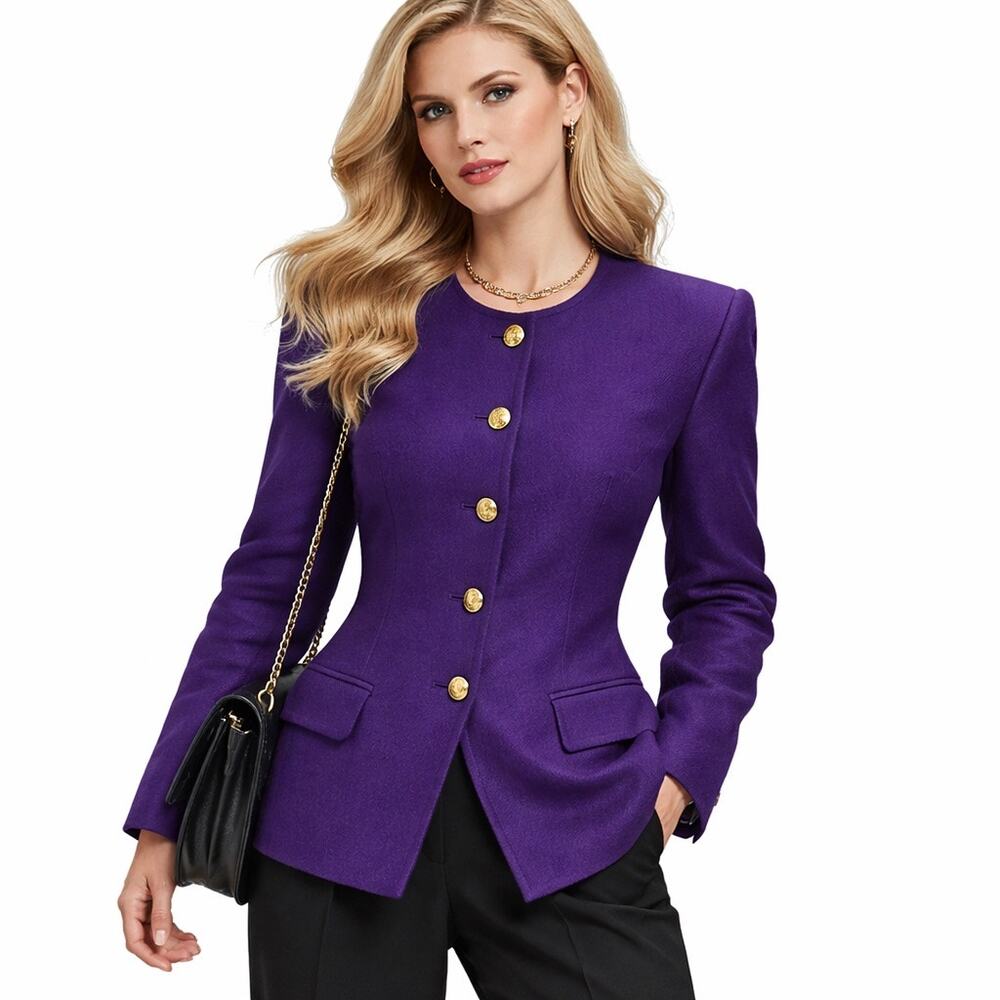 Vintage 90s Purple Wool Blazer Gold Buttons Petite 12 Power Jacket Old Money